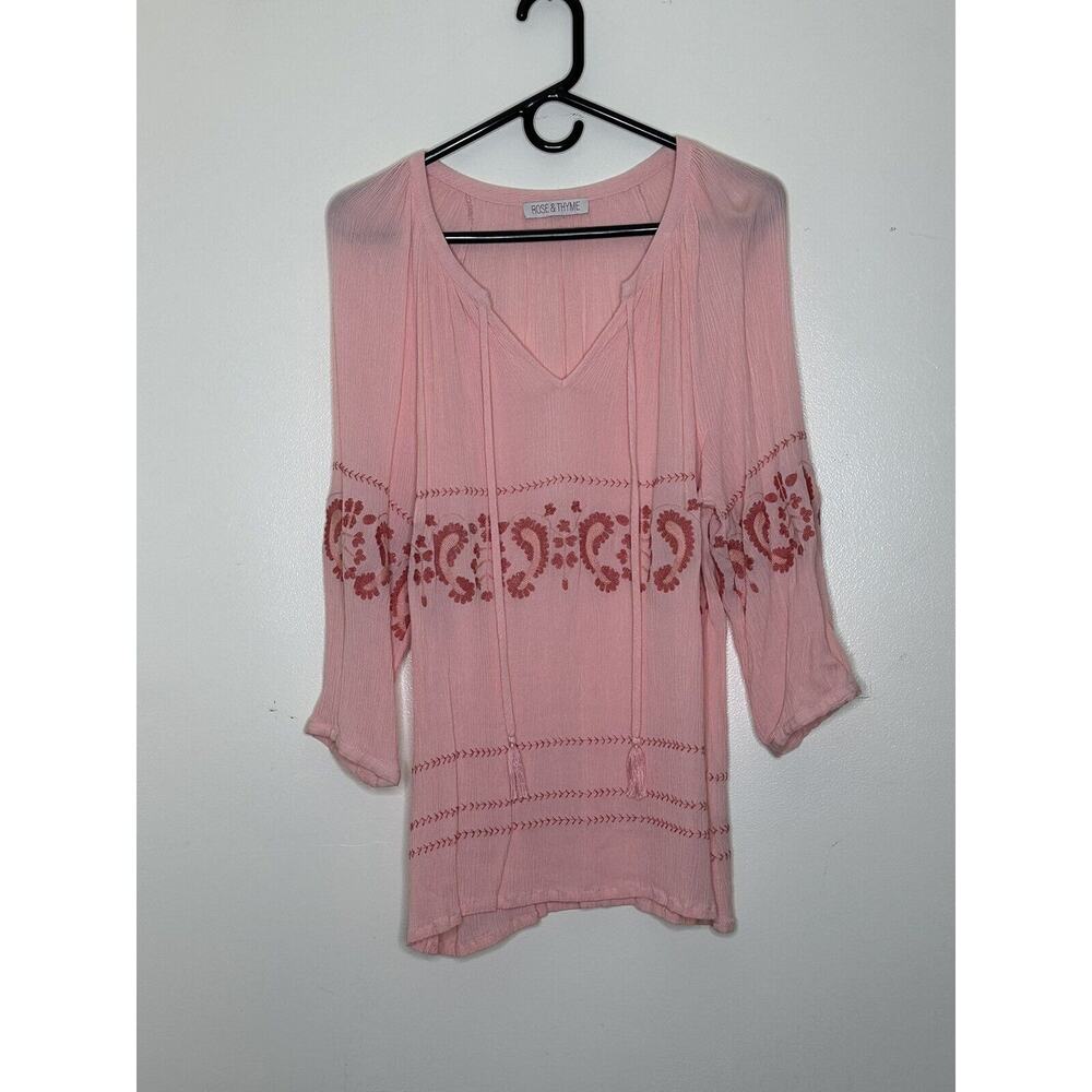 Rose Thyme Women Top Large Pink Blouse 3/4 Sleeve Paisley Tie Keyhole Casual